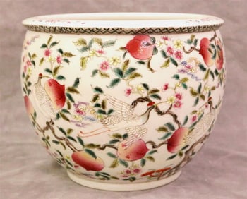 CHINESE FAMILLE ROSE PORCELAIN JARDINIERE DECORATED WITH CRANES AND PEACHES ON FLOWERING BRANCHES, -