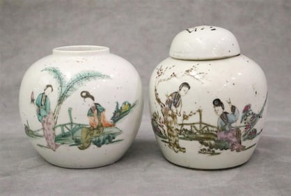 PAIR 19TH CENTURY CHINESE FIGURAL-DECORATED PORCELAIN DIMINUTIVE GINGER JARS (ONE WITH LIFT COVER).