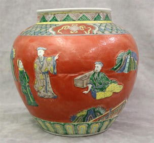 CHINESE FAMILLE VERTE PORCELAIN FIGURAL AND LANDSCAPE DECORATED JAR WITH IRON RED GROUND, - H: 13