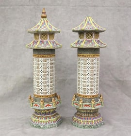 PAIR CHINESE POLYCHROMED PORCELAIN THREE SECTION BRIDE'S LAMPS. - H: 22".