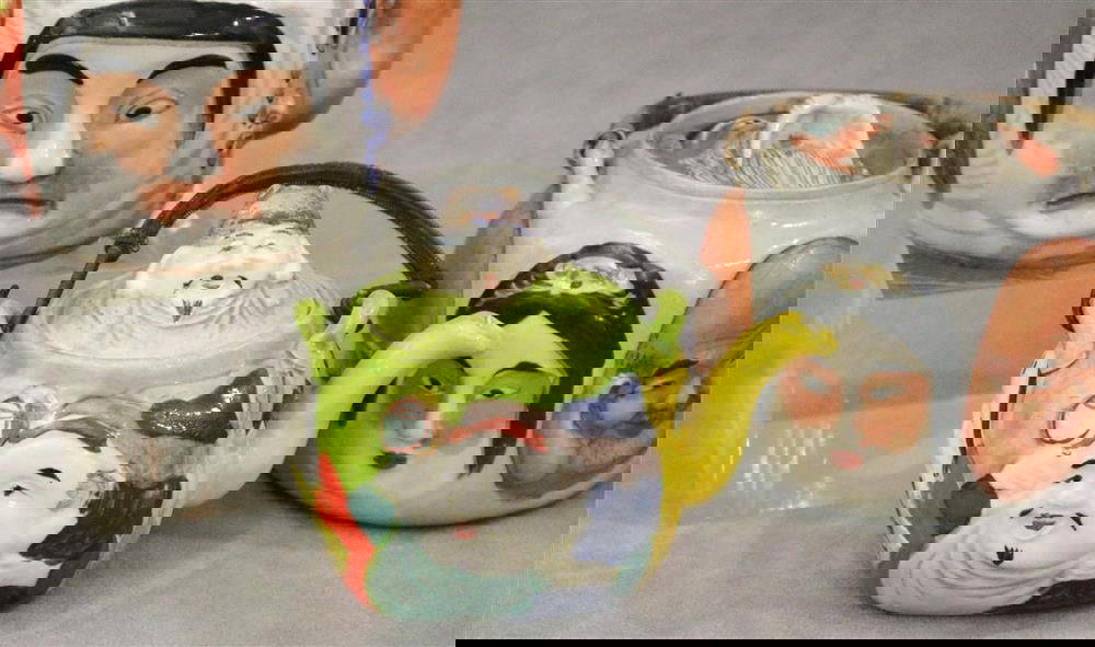 Three Japanese Polychrome Porcelain "face" Teapots. Tallest, H 4