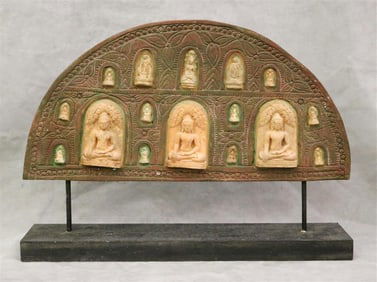 WOODEN DEMILUNE TEMPLE ARCHITECTURAL ELEMENT WITH FIFTEEN TERRACOTTA INLAYS OF CAST IN RELIEF WITH