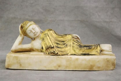 SOUTHEAST ASIAN CARVED WHITE MARBLE FIGURE OF RECLINING BUDDHA BLACK AND GILT ACCENTS, - H: 8 1/2";