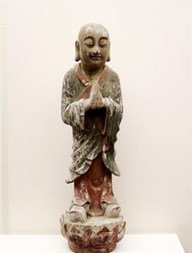 THAI BUDDHIST MONK WOODEN STATUE. - height: 45 inches.
