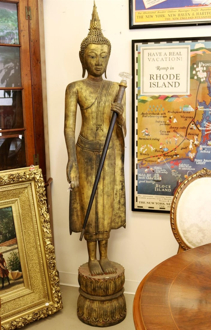 GILDED LIFE-SIZE STATUE OF STANDING BUDDHA, - height: 75 inches. (1 of 20)