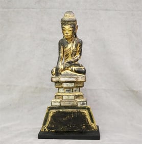THAI BLACK AND GILT LACQUERED CARVED WOODEN FIGURE OF SEATED BUDDHA ON MIRROR-PANELED THRONE ON