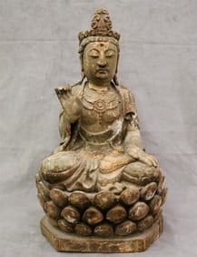 SEATED WOODEN GUANYIN BODHISATTVA STATUE ON LOTUS BASE. - height: 26 inches.