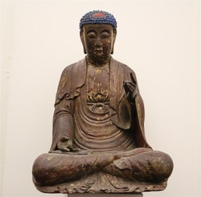 SEATED BODHISATTVA NYOIRIN KANNON WOODEN STATUE, - height: 29 inches; width: 21 inches.