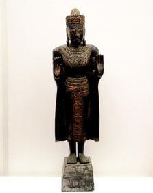 KHMER STYLE STANDING WOODEN BUDDHA. - height: 45 inches.