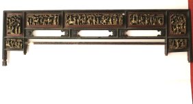 19TH CENTURY CHINESE CARVED RED AND BLACK LACQUER ARCHITECTURAL PANEL WITH GILT HIGHLIGHTS, - H: 24"