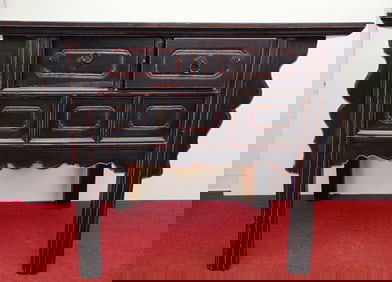 CHINESE BLACK LACQUERED CARVED WOOD ALTAR TABLE . - H: 35"; Top: 46 1/4 x 25".