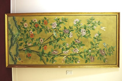 CHINESE PAINTED PAPER MULTICOLOR PANEL, - 80 in. x 36 in., sight size as gilt framed.