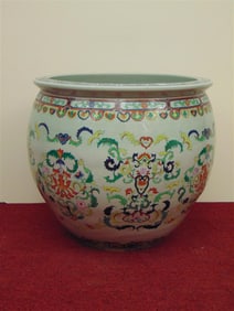 LARGE CHINESE POLYCHROMED PORCELAIN FLORAL-DECORATED FISH BOWL, - H: 18 in. D: 20 in.