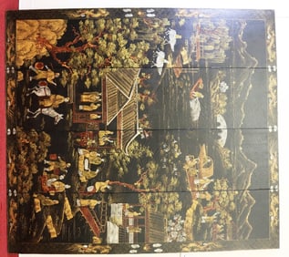 CHINESE PAINTED FOUR-FOLD FLOOR SCREEN. - H: 72 in. W: 64 in.
