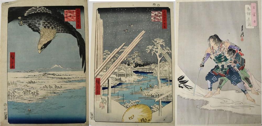 THREE JAPANESE WOODBLOCKS. (19th century). Three Japanese woodblock works, (1) Gekko Ogata (1859 - (1 of 20)