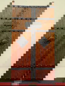 PAIR CHINESE RUSTIC WOODEN DOORS WITH IRON MOUNTS.