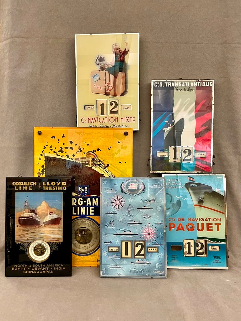 FOUR VINTAGE GLASS AND METAL BOX TYPE PERPETUAL AND WALL ADVERTISING CALENDARS FOR OCEAN LINERS AND (1 of 11)