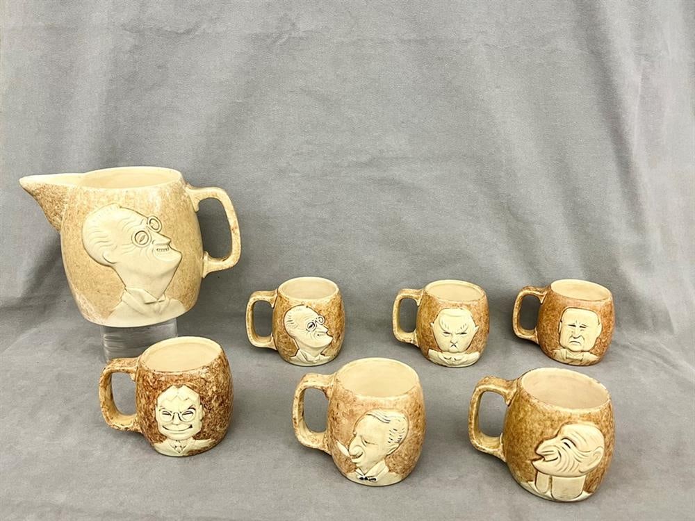 MID 20TH CENTURY STANGL POTTERY POLITICAL THEME DRINK PITCHER WITH SET OF ELEVEN MUGS, (1 of 5)