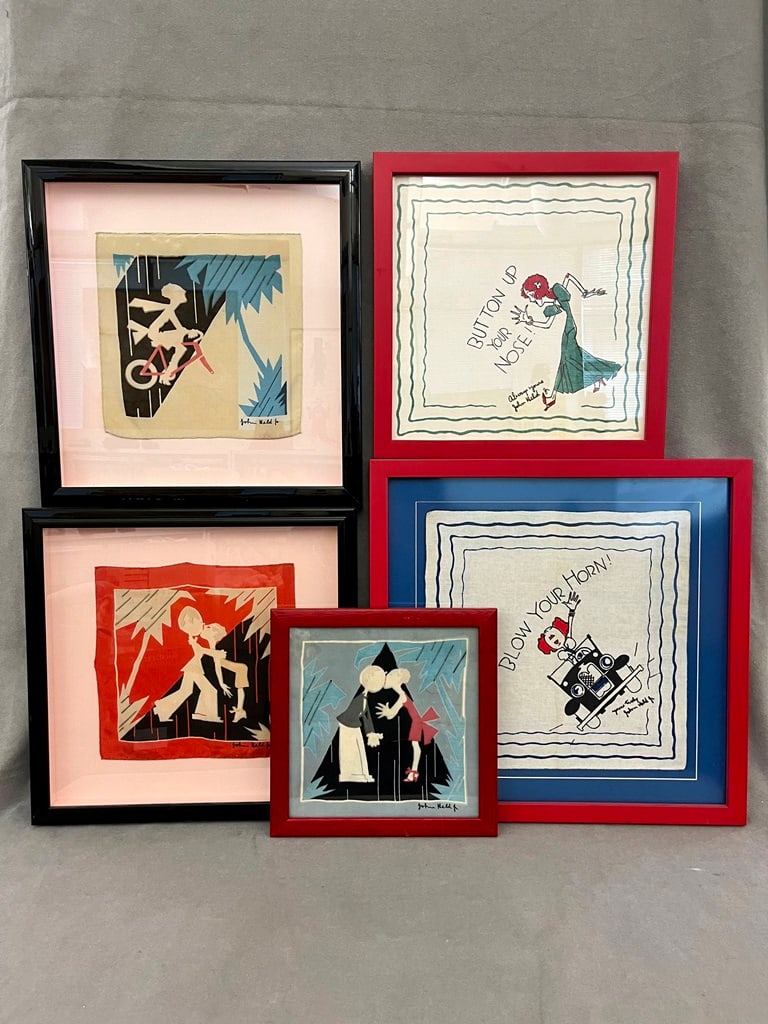 FIVE FRAMED JOHN HELD JR. ILLUSTRATED HANDKERCHIEFS. Images include bicycling flapper and two (1 of 11)