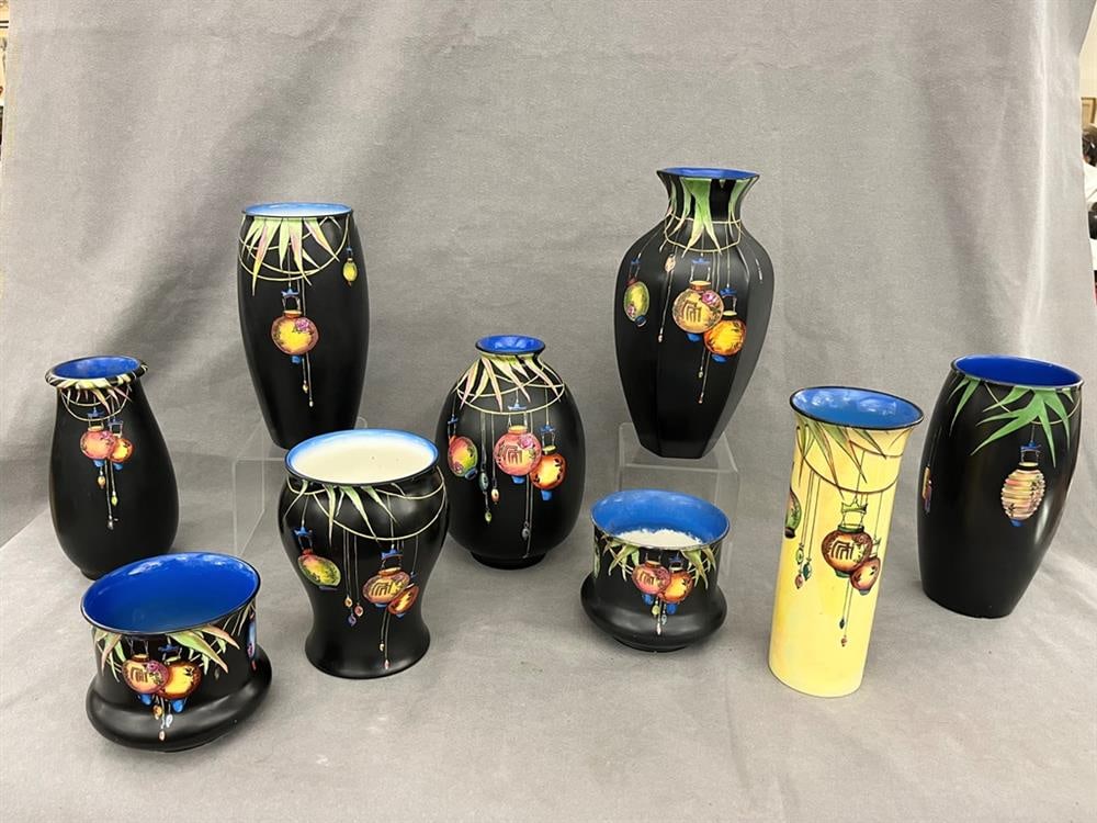 NINE ART DECO CROWN DUCALWARE CHINA VASES. Eight with black ground; one with Japanese lantern (1 of 5)