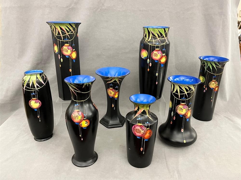 EIGHT ART DECO CROWN DUCALWARE CHINA VASES. Black grounds with decoration of Japanese lanterns. (1 of 4)