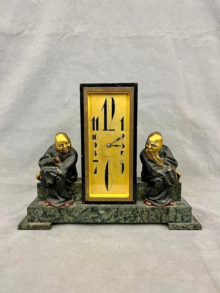 VINTAGE ART DECO MARBLE AND BLACK LACQUERED FIGURAL MANTEL CLOCK, - H: 10 3/4 in.; W: 13 1/2 in. (1 of 9)