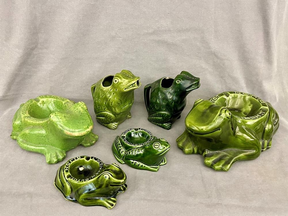 SEVEN HERTIER GUYOT DIJON GREEN GLAZED FROG ADVERTISING ITEMS, - Largest, ashtray: L: 15 in. (1 of 13)