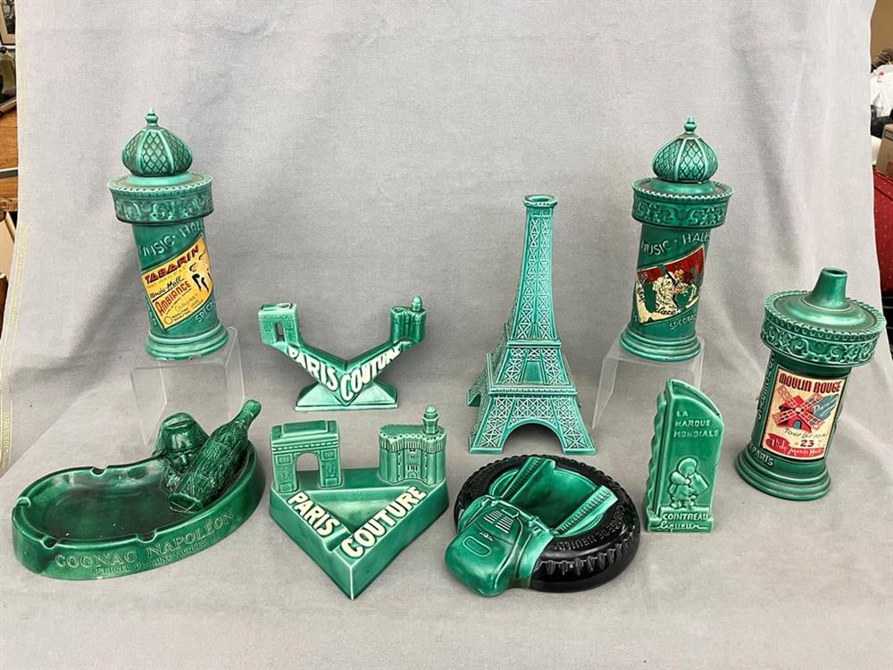 EIGHT VINTAGE FRENCH GREEN GLAZED ADVERTSING TABLE ITEMS, (1 of 18)