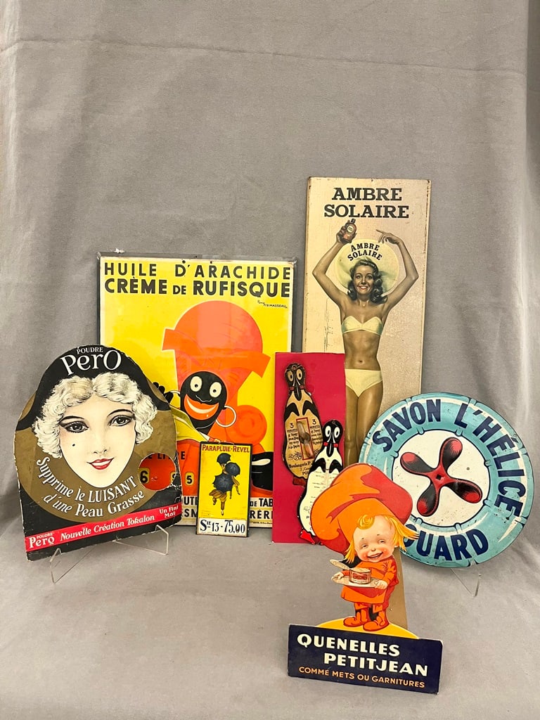 SIX ASSORTED VINTAGE FRENCH SIGNS SIGNS ADVERTINGS BEAUTY/PHARMACY PRODUCTS. Three paper, three (1 of 8)