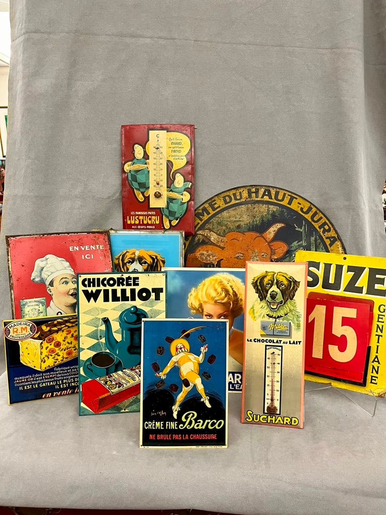 ELEVEN ASSORTED VNITAGE FRENCH FOOD-RELATED ADVERTISING SIGNS, - Largest, D: 19 3/4 in. (1 of 13)