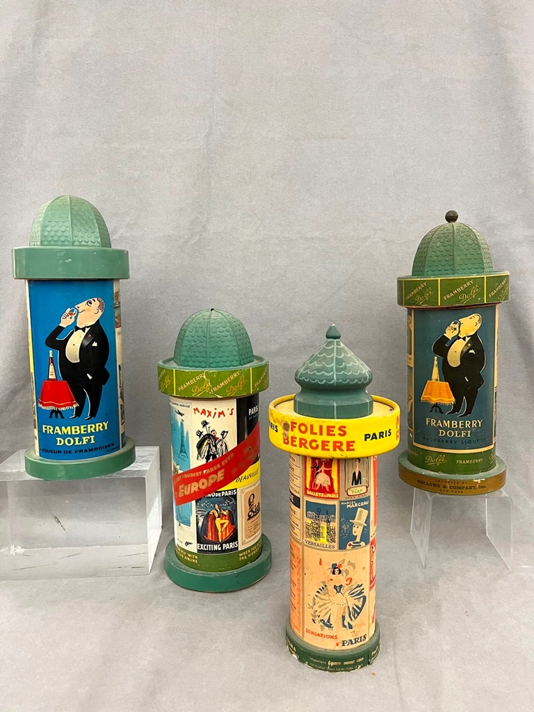 FOUR VINTAGE FRENCH METAL ADVERTISING KIOSK-FORM DISPENSERS INCLUDING TWO RARE FRENCH LIQUEUR BOXES. (1 of 3)