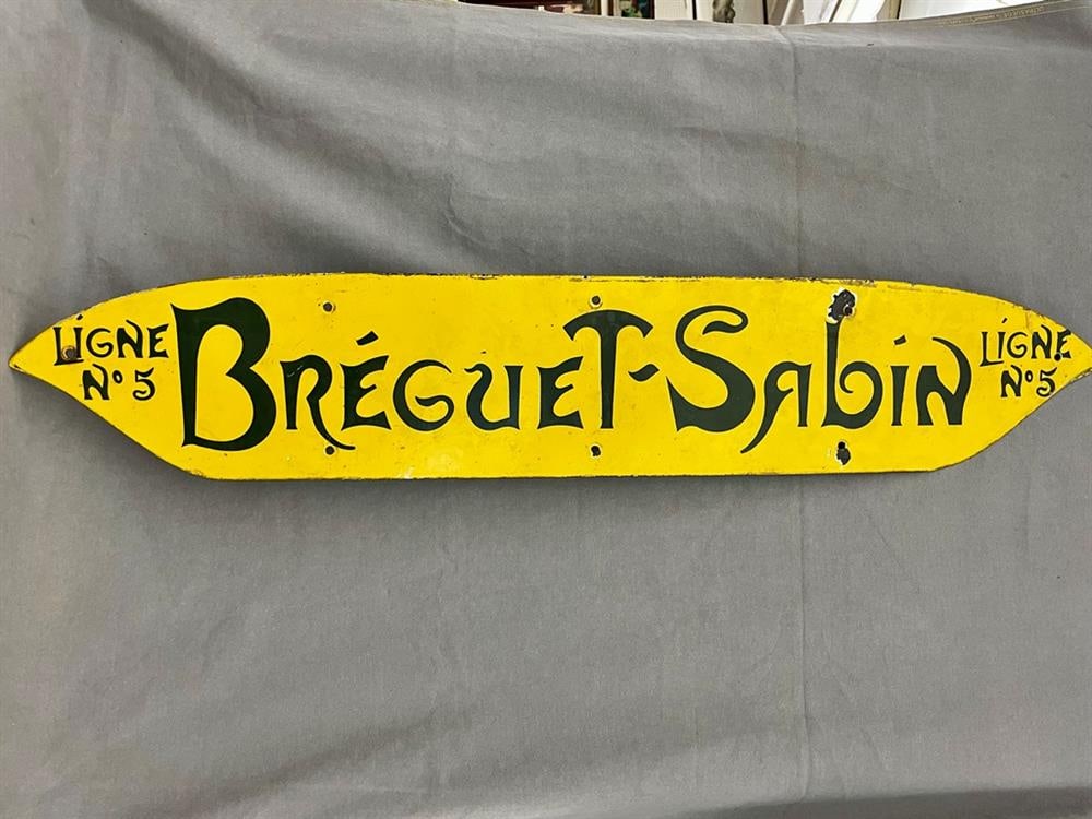 VINTAGE ENAMELED METAL PARIS METRO SUBWAY SIGN FOR LIGNE 5, BREGUET SABIN STATION. Stylized (1 of 5)
