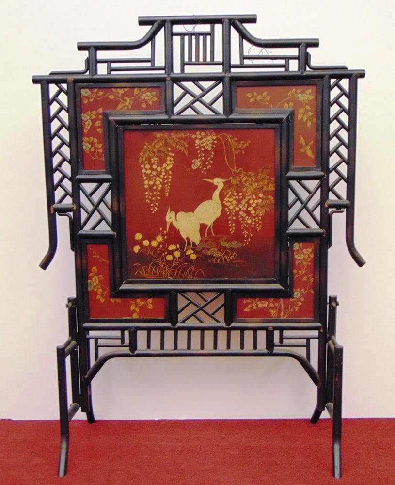 AESTHETIC MOVEMENT STYLE EBONIZED OPENWORK FIRE SCREEN WITH FLORAL AND BIRD PAINTED PANELS, - H: 39 (1 of 18)