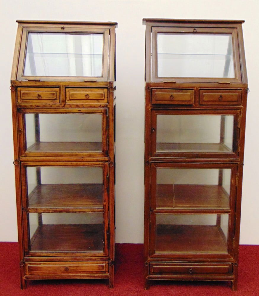PAIR LATE 19TH CENTURY MIXED WOOD, SLANT-TOP DIMINUTIVE DISPLAY CABINETS, - H: 37 3/4"; W: 13 1/2"; (1 of 10)
