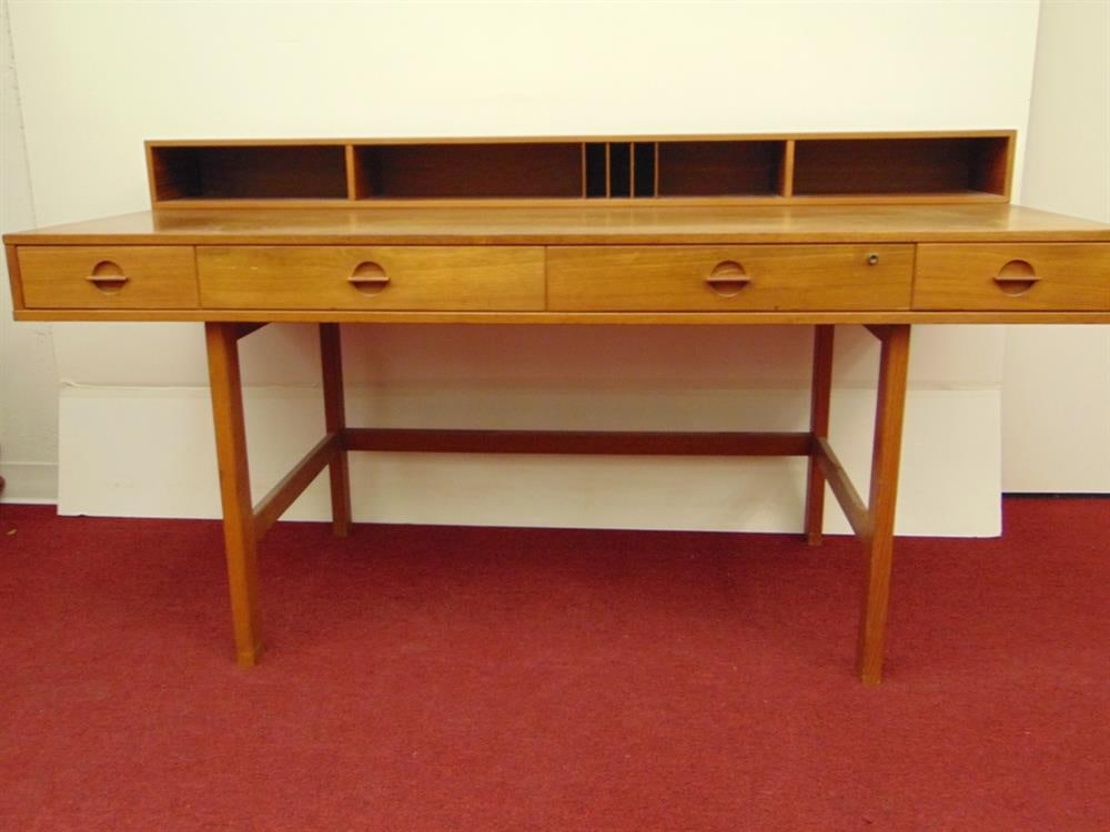 1960'S DANISH MODERN TEAKWOOD WRITING DESK, - H: 29"; W: 63 3/4"; D: 28 3/4". (1 of 8)