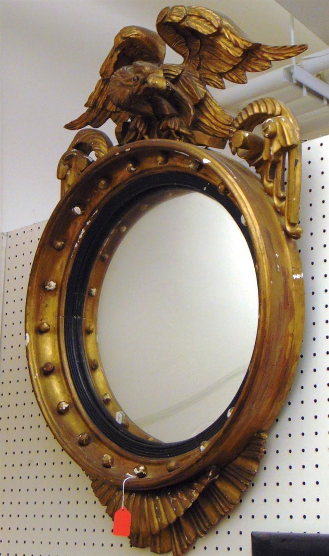 19TH CENTURY AMERICAN GILT-WOOD CONVEX WALL MIRROR WITH EAGLE CREST, - D: 22"; Overall, H: 38". (1 of 4)