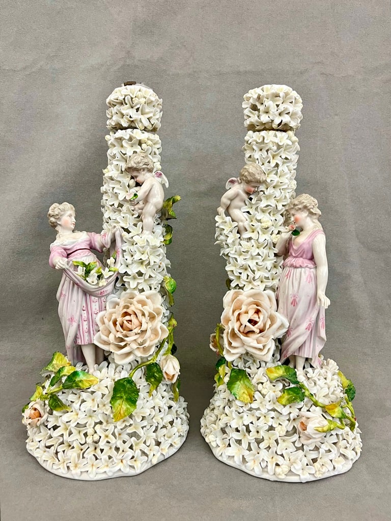 PAIR GERMAN PORCELAIN FOUR-LIGHT CANDELABRA WITH FIGURAL SUPPORTS , 19th century. - H: 23 1/4 in. (1 of 13)