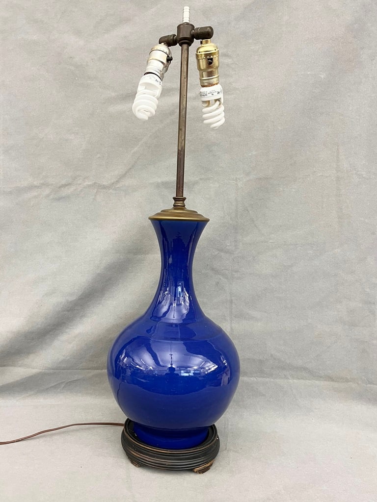 CHINESE COBALT DARK BLUE MONOCHROME GLAZE PORCELAIN BOTTLE VASE MOUNTED AS TWO-LIGHT TABLE LAMP, - (1 of 9)