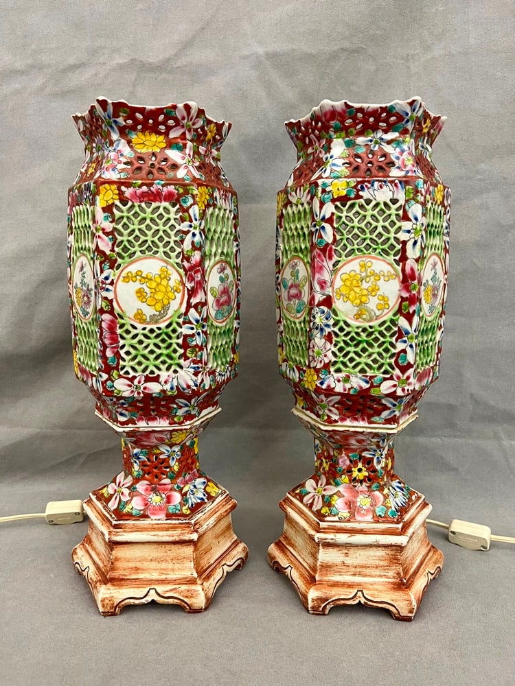 PAIR CHINESE FAMILLE ROSE PORCELAIN BRIDE'S LAMPS. - H: 15 in. (1 of 6)