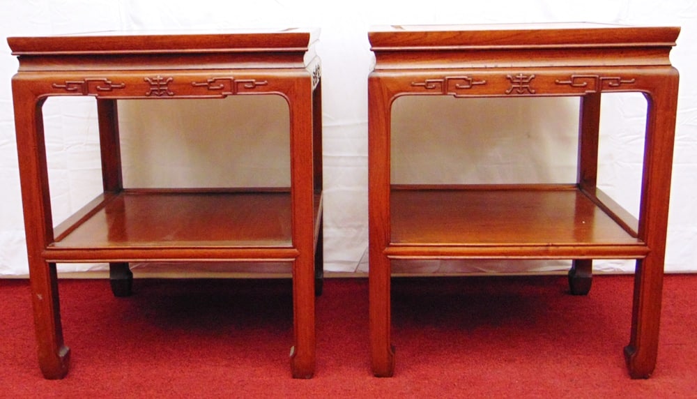 PAIR CHINESE CARVED TEAKWOOD SQUARE-TOP STANDS, - H: 22 1/2 in.; top, 18 in. square. (1 of 11)