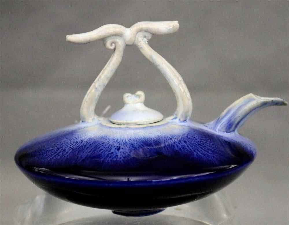 FONG CHOO BLUE-GLAZED CERAMIC MINIATURE CIRCULAR TEAPOT WITH LIFT COVER (Contemporary). Signed with (1 of 17)