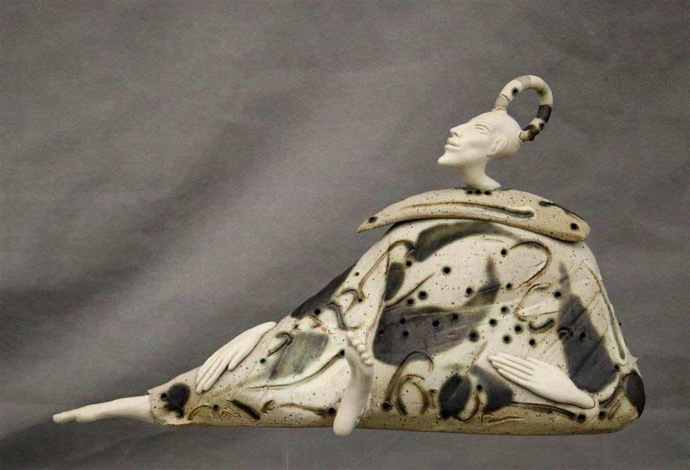 KOSTAS ULERICIUS (Lithuanian, born 1961). Stoneware and porcelain figurative teapot. H: approx, 12".: KOSTAS ULERICIUS (Lithuanian, born 1961). Stoneware and porcelain figurative teapot. H: approx, 12".