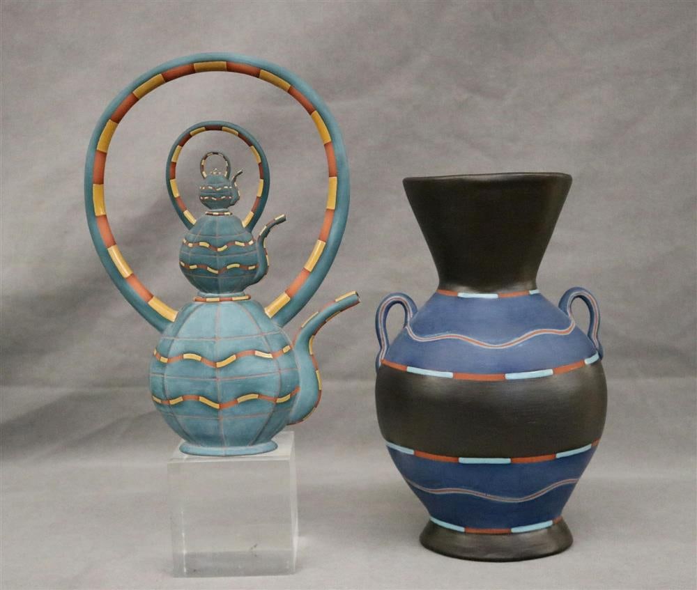 GAIL BUSCH (American, born 1958). Painted pottery two-handle vase and teapot. Each one is signed (1 of 20)