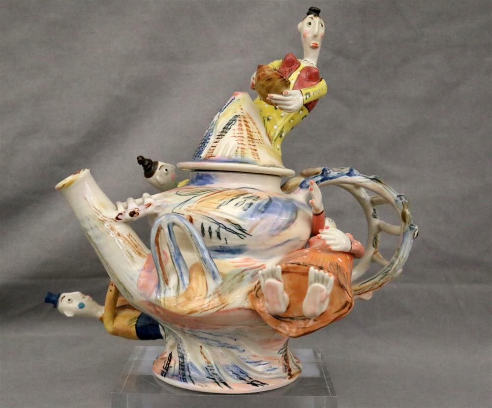 JULIA KIRILLOVA (Russian / American, born 1942). Whimsical polychrome ceramic multi-figure teapot (1 of 12)