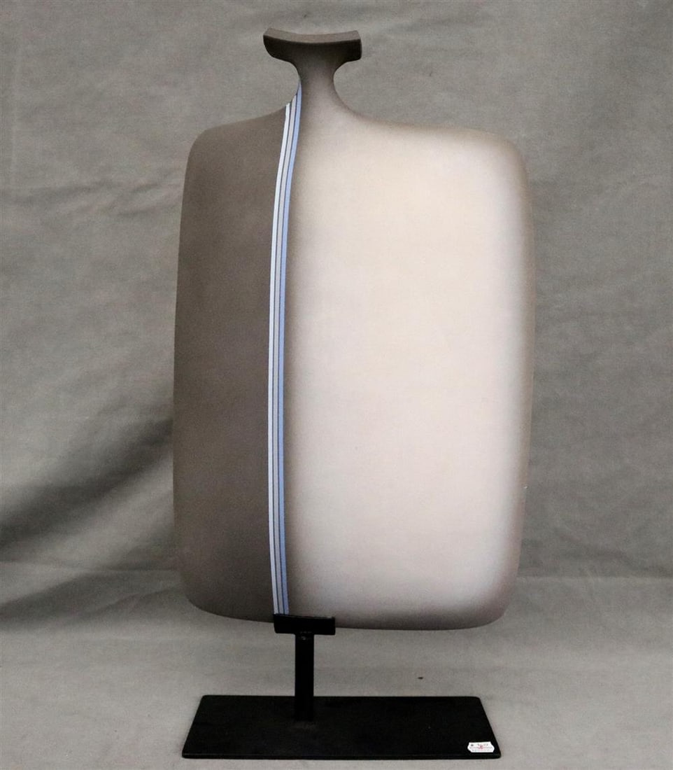 CAROLYN SALE, (American, contemporary). Ceramic stylized flask vase in shaded greys and blues;: CAROLYN SALE, (American, contemporary). Ceramic stylized flask vase in shaded greys and blues; mounted on metal stand. H: 23", with stand.