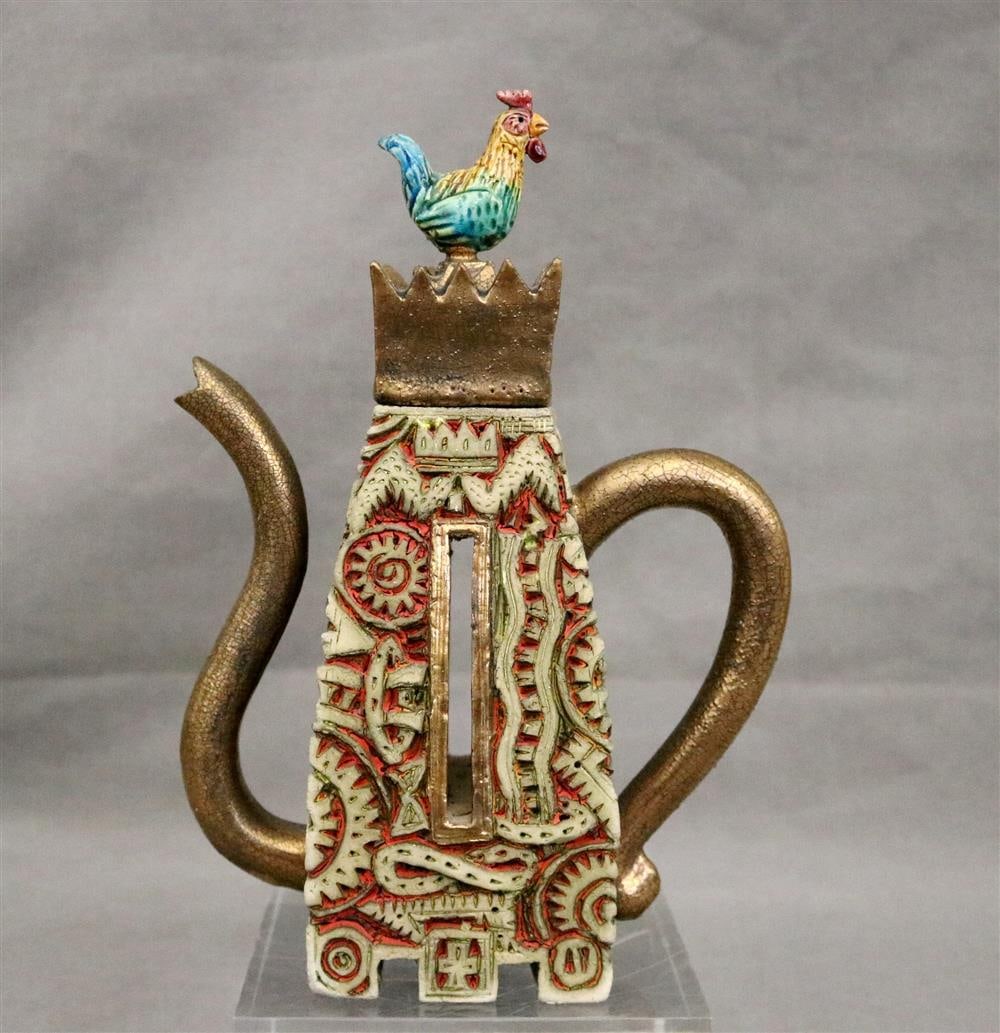 SCOTT SCHOENHERR (American, born 1962). Polychromed ceramic teapot with chicken lid. 1993. Signed (1 of 8)