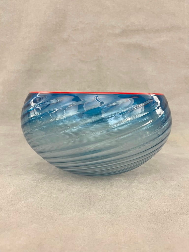TINTED BLUE GLASS BOWL WITH RED LIP. - D: 9 in. (1 of 4)