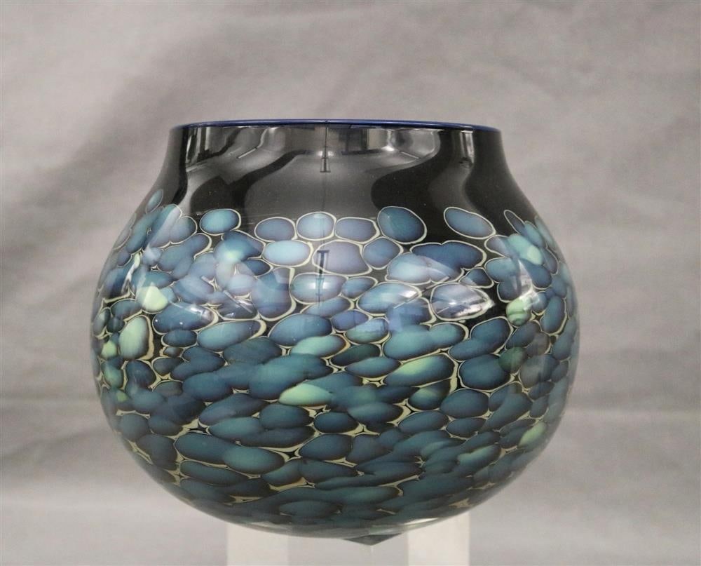 ALAN GOLDFARB (American, born 1959). Blue and black art glass globular bowl. Signed and dated (1 of 16)