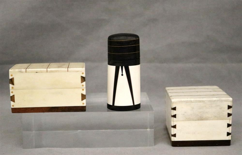 ROBERT A. CHADWICK (American, died 2022). THREE ASSORTED BONE BOXES. With walnut and copper: ROBERT A. CHADWICK (American, died 2022). THREE ASSORTED BONE BOXES. With walnut and copper highlights. Two rectangular, one tapering vertical oval. Each signed; oval dated 1986. - Largest, 3 1/2" x 3