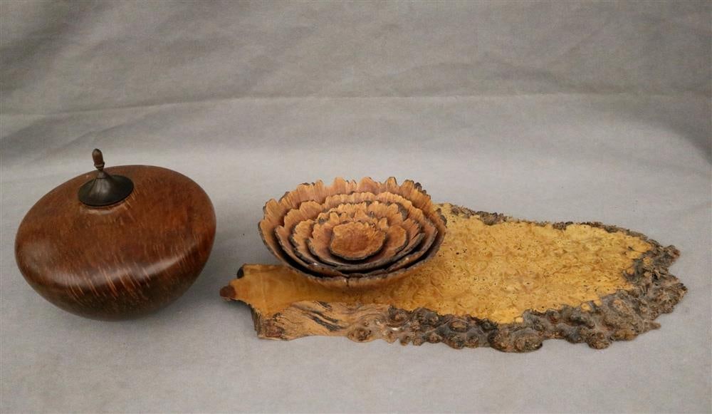 MIKE MAHONEY (American, born 1959). Nest of five carved wooden shallow bowls, associated free-form (1 of 14)